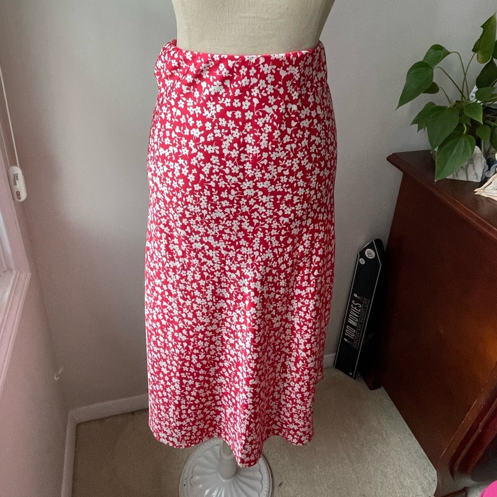 Red with white flowers midi skirt. J. Crew, size M